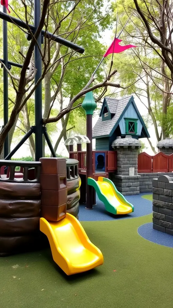 23 Creative Playground Landscaping Ideas for Endless Fun 16 Colorful playground featuring a ship theme with slides and a tree canopy.