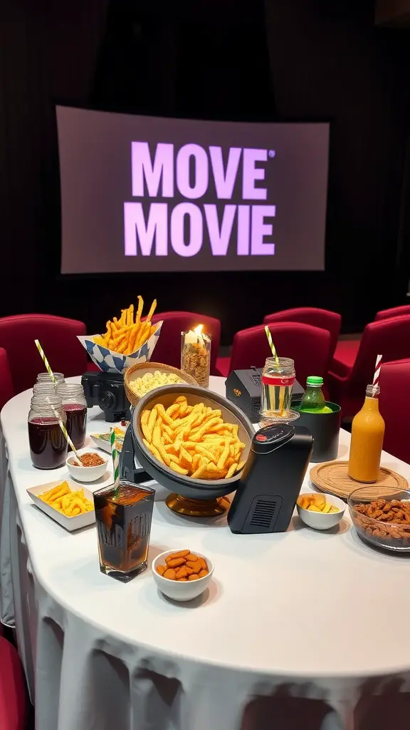 19 Creative Ideas for Epic Backyard Movie Nights 8 A table set with various snacks and drinks for a backyard movie night, featuring fries, jars of drinks, and a projector screen in the background.