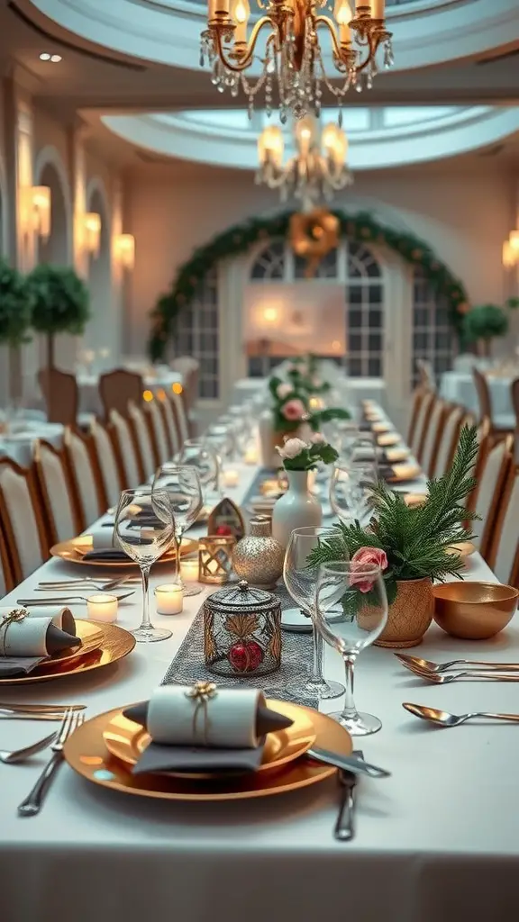 23 Stunning Banquet Decoration Ideas for Your Next Event 8 A beautifully arranged banquet table with elegant gold plates, wine glasses, and a centerpiece of greenery and flowers.