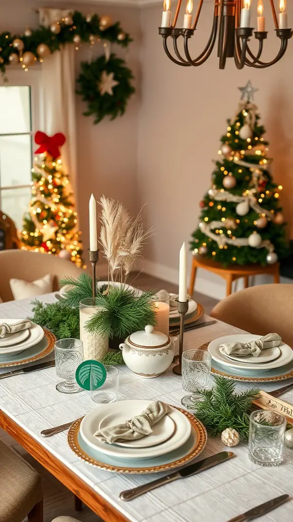 A beautifully decorated dining table with candles, greenery, and elegant dishware for a festive setting.