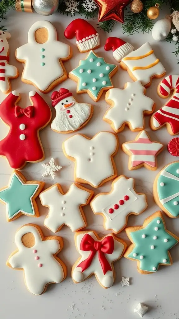 21 Creative Christmas Baby Shower Ideas You’ll Love 10 A variety of decorated Christmas cookies shaped like snowflakes, gingerbread men, and Christmas sweaters, arranged on a table with holiday decorations.