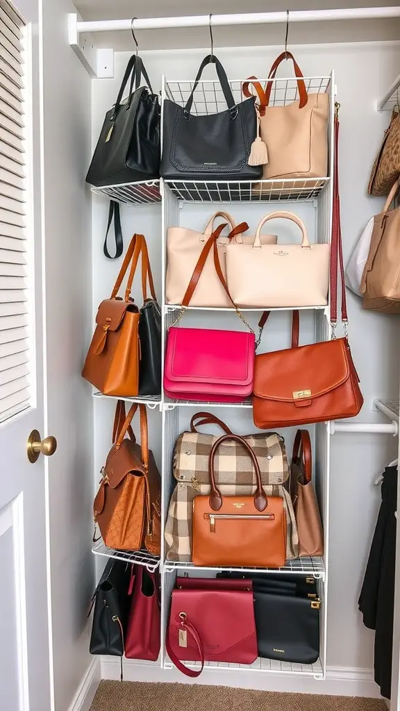 A tiered hanging organizer displaying various purses and bags in a closet.