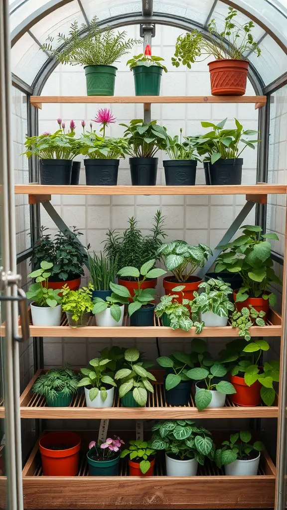 21 Creative Mini Greenhouse Ideas to Maximize Your Gardening Space 6 A tiered mini greenhouse filled with various herbs and plants in pots.