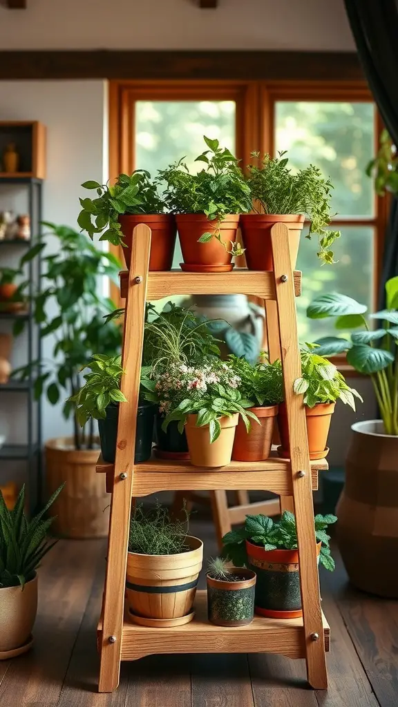 23 Creative Indoor Herb Garden Ideas to Freshen Up Your Space 10 A wooden tiered plant stand filled with various herbs in pots, creating a vibrant indoor garden look.