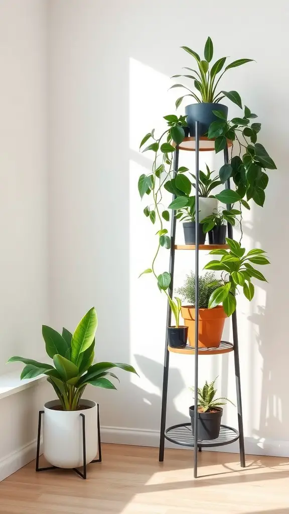 A modern tiered plant stand displaying various house plants in pots, with a larger plant beside it.