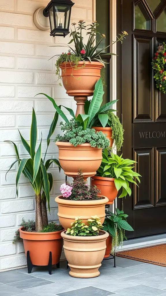 19 Stunning Front Door Planter Ideas to Elevate Your Entryway 5 A tiered planter stand with terracotta pots filled with various plants placed beside a front door.