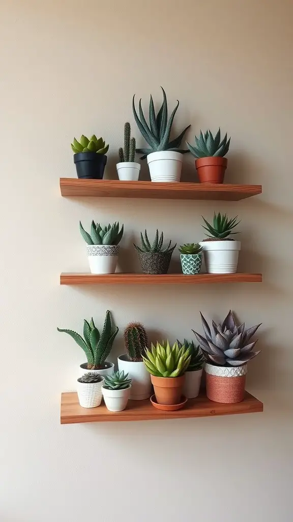 21 Stunning Indoor Plant Wall Designs Featuring Succulents 13 A tiered shelf displaying a variety of succulents in different pots.
