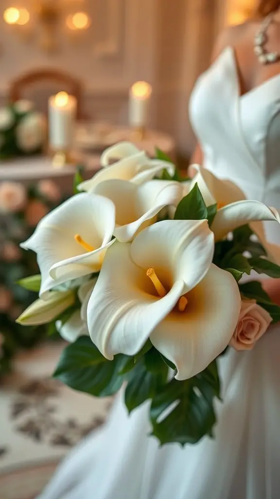 A bride holding a bouquet of elegant calla lilies, surrounded by a softly lit wedding venue.
