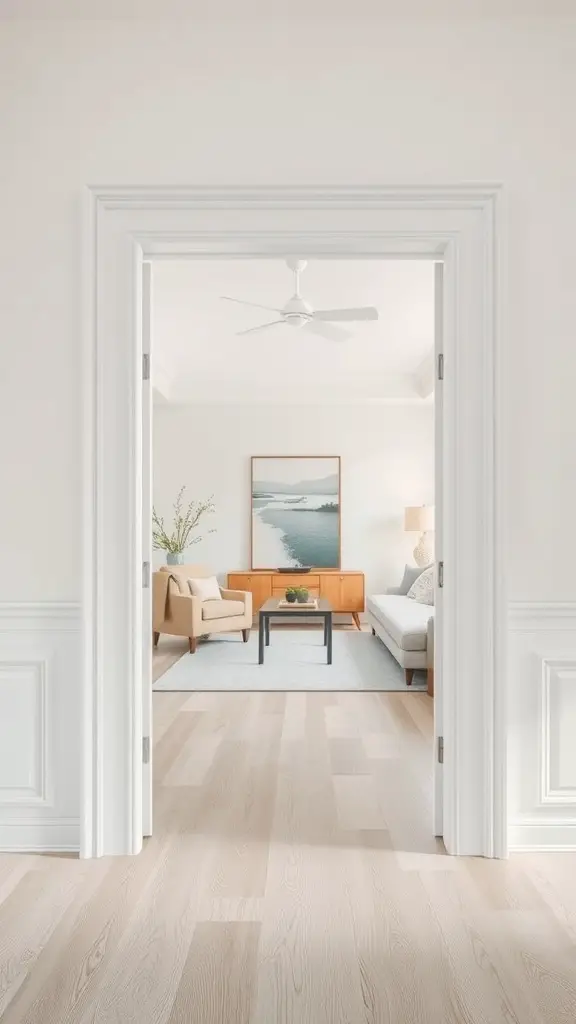 A bright and airy indoor space featuring a white door leading to a cozy living area.