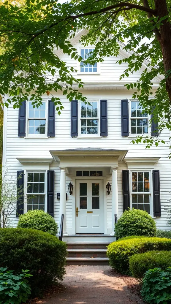 19 Beautiful Exterior House Colors to Transform Your Home 5 A classic white house with black shutters surrounded by greenery.