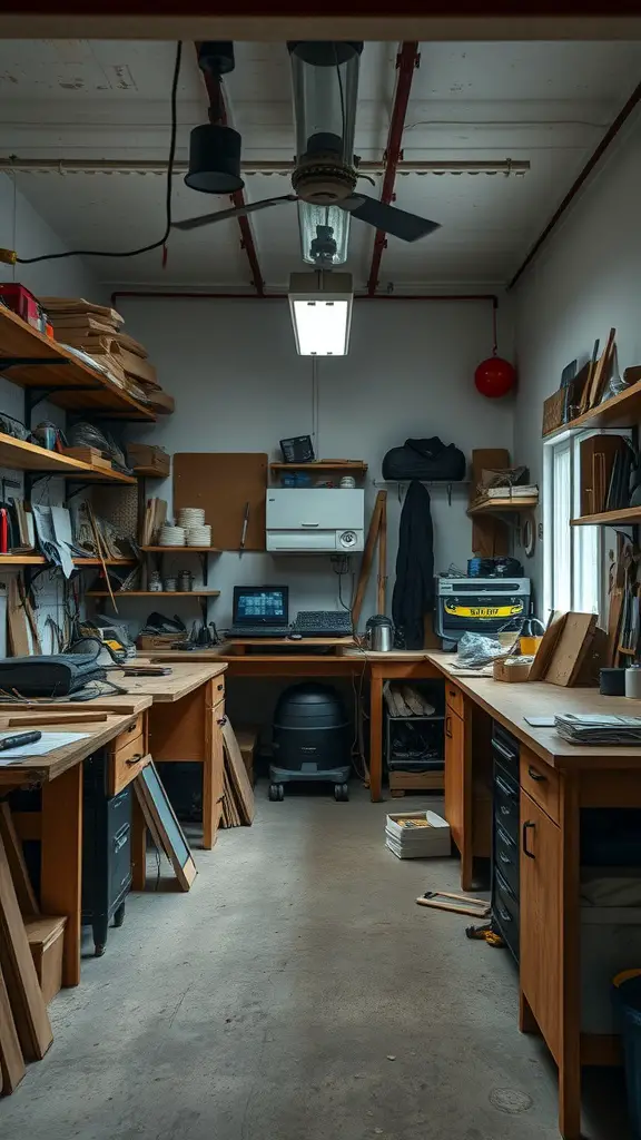 27 Creative Garage Hangout Ideas for Ultimate Chill Time 11 A well-organized tinkering workshop with wooden shelves, workbenches, and tools.