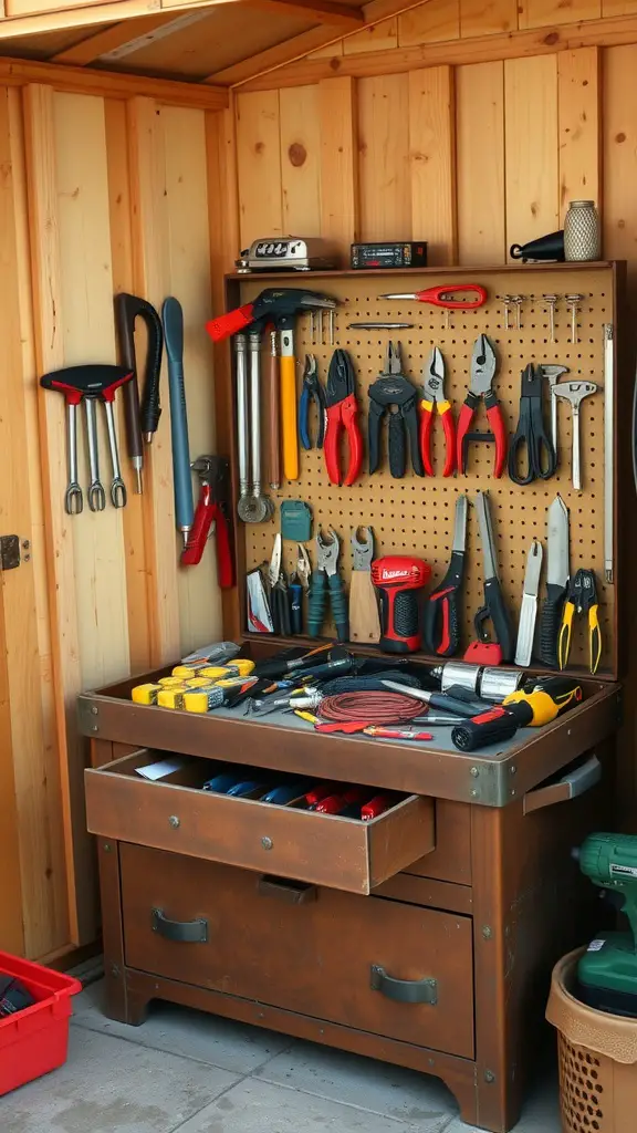 23 Genius Shed Organization Tips for Small Spaces 13 A wooden tool chest in a shed with tools organized on a pegboard above it.