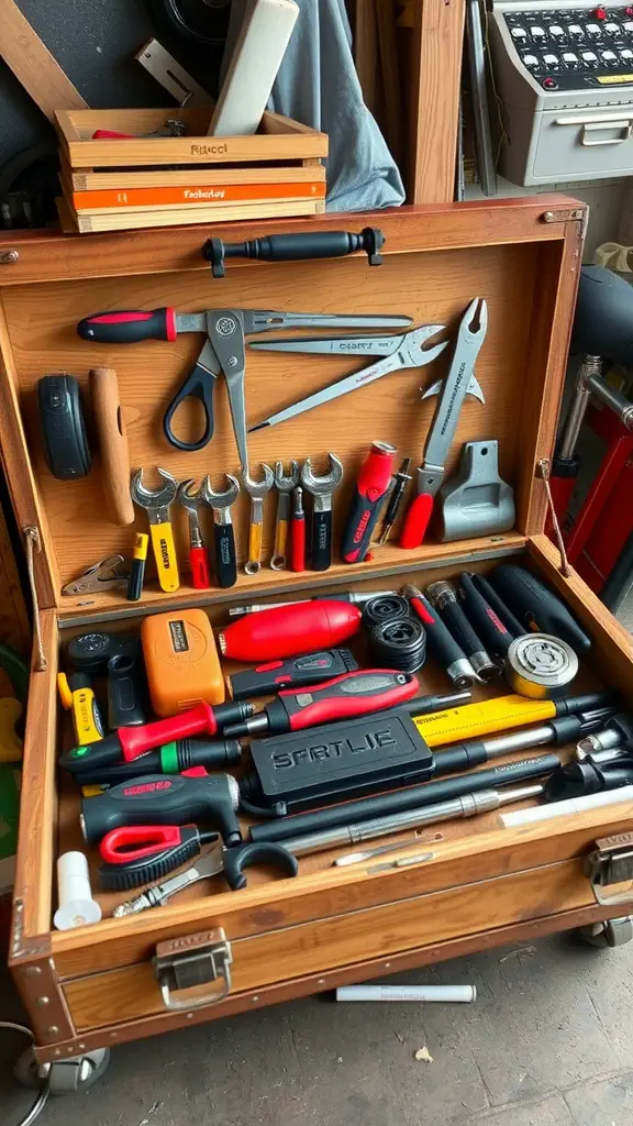 19 Essential Items for Perfect Garage Tool Organization 5 A wooden tool chest filled with various tools, including wrenches, screwdrivers, and power tools, organized for easy access.