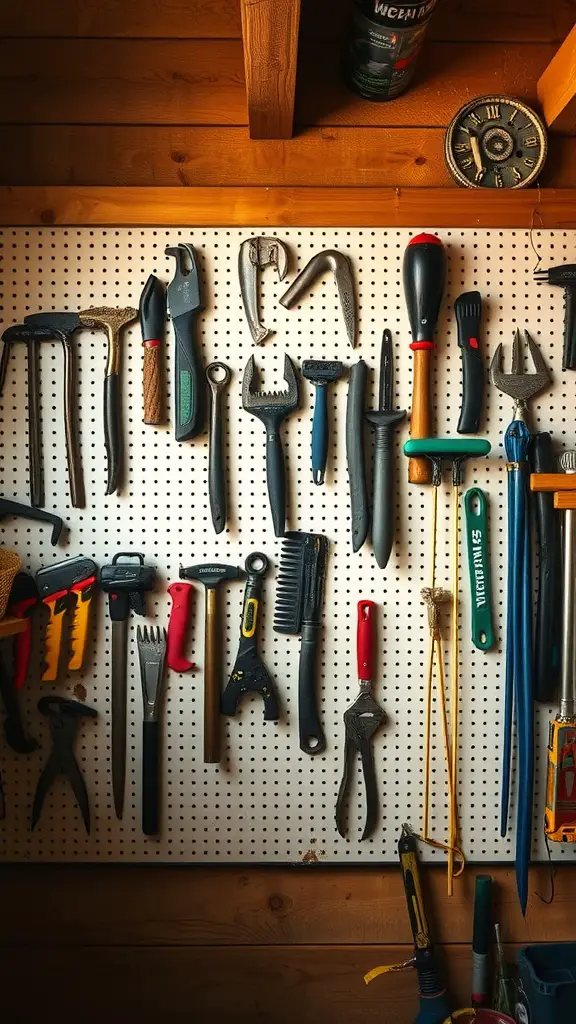 A pegboard wall displaying various gardening tools arranged neatly.