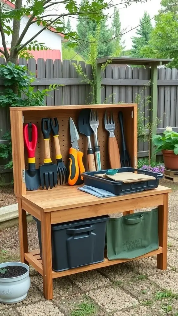 A wooden tool storage bench with various gardening tools neatly organized on a back panel.