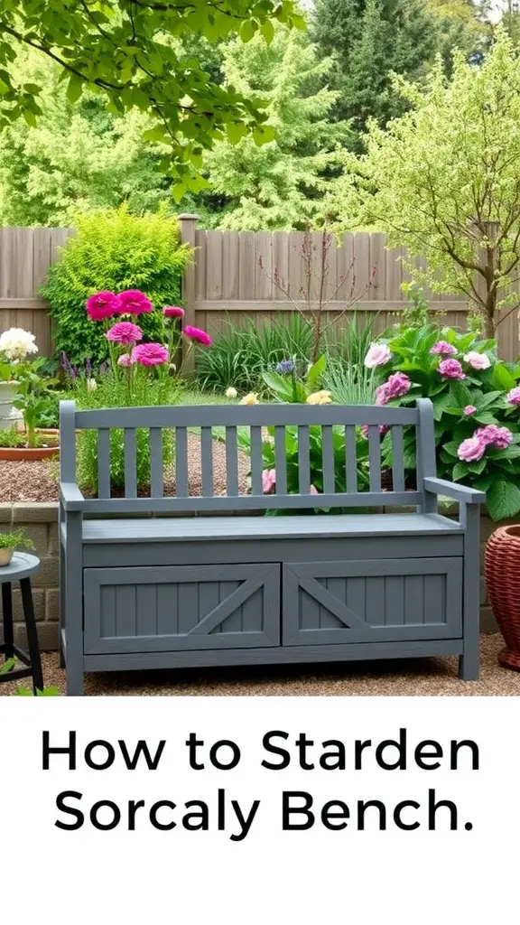 A gray garden storage bench with seating in a colorful flower garden.