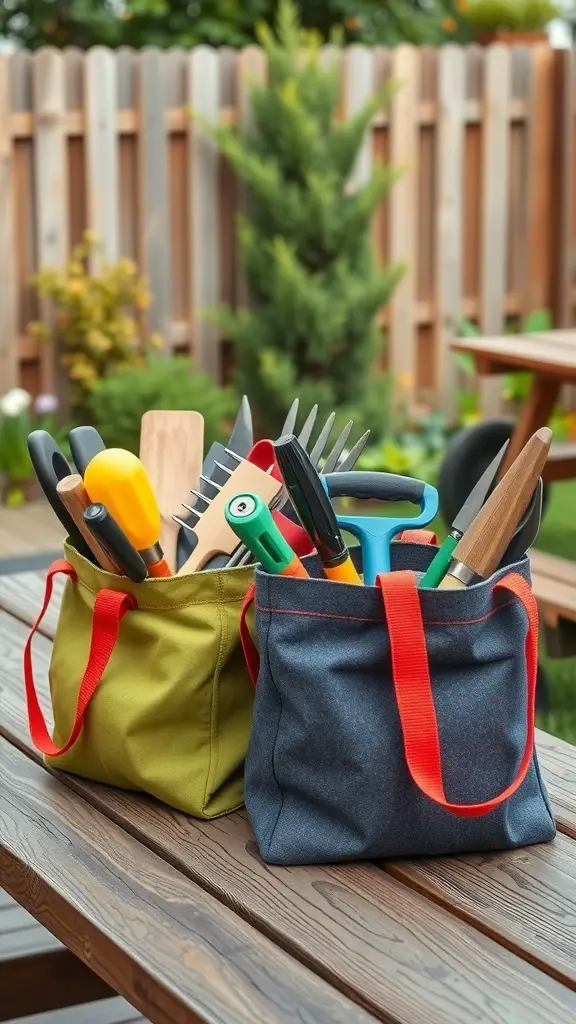 Two colorful tool tote bags filled with gardening tools on a wooden table.