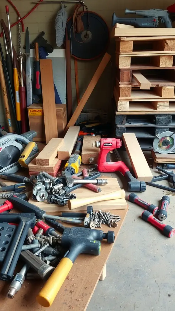 15 Creative DIY Ideas for a Stunning Pallet Deck 5 A cluttered workspace with various tools and wooden pallets, indicating preparation for a DIY project.