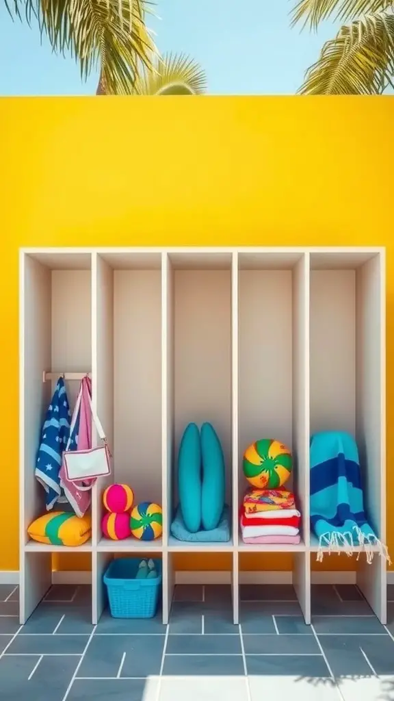27 Creative Pool Towel Storage Solutions You Need to Try 2 Colorful towel cubbies against a bright yellow wall with pool accessories.