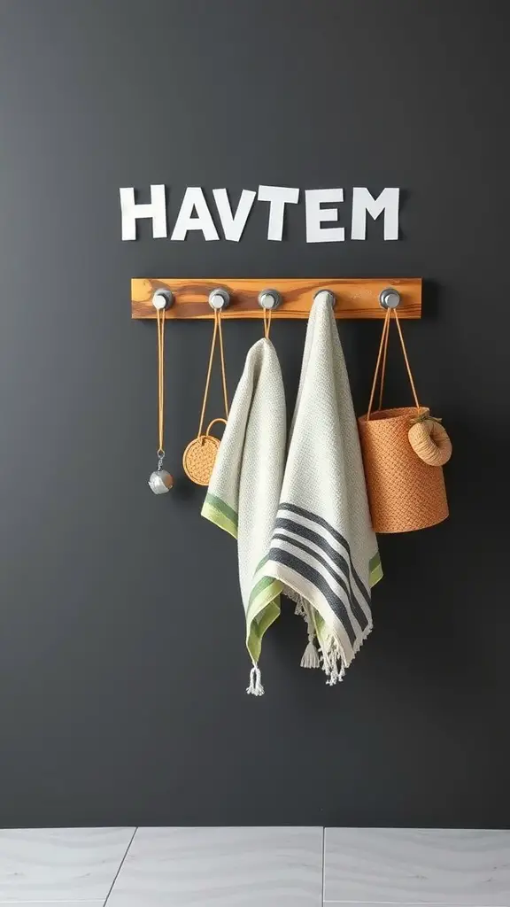 Wooden towel rack with hooks on a dark wall, displaying towels and baskets