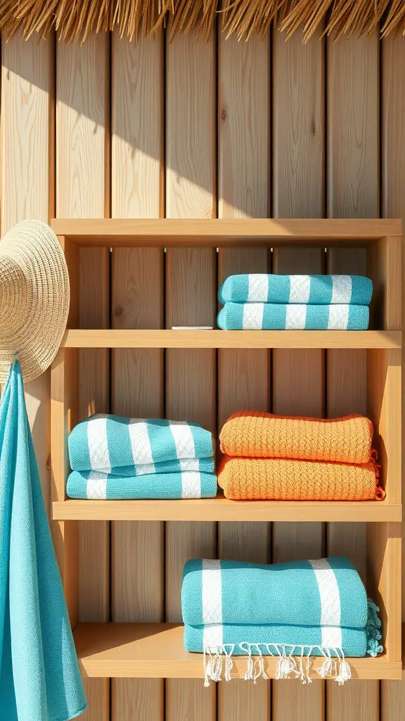 27 Creative Pool Towel Storage Solutions You Need to Try 9 Wooden towel shelves with turquoise and orange towels, complemented by a straw hat, creating a coastal vibe.