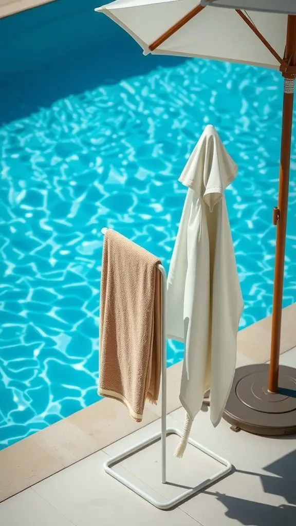 27 Creative Pool Towel Storage Solutions You Need to Try 17 Towel stand with beige and cream towels beside a swimming pool with an umbrella.