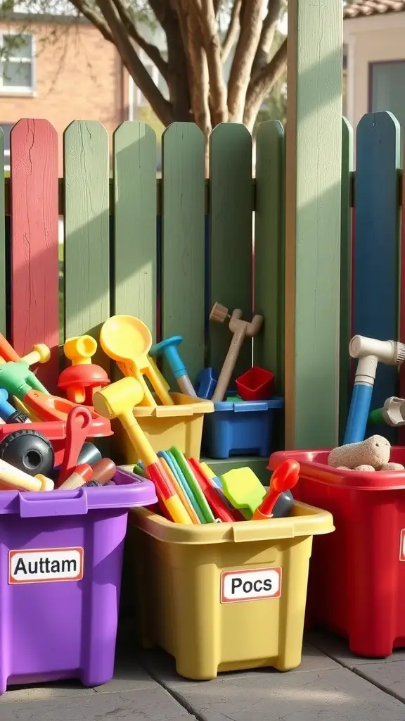 23 Creative Outdoor Toy Storage Ideas for a Clutter-Free Yard 12 Colorful outdoor storage bins for toys, labeled for easy identification.