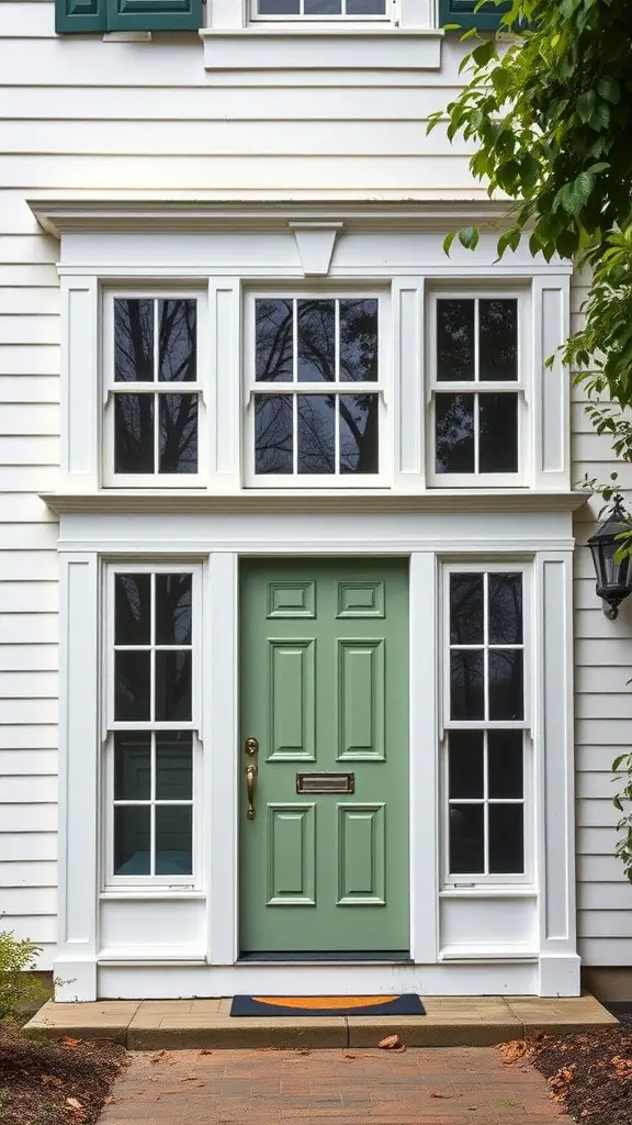 15 Stunning Sage Green Exterior Doors to Inspire Your Home Makeover 11 Traditional Colonial home with a sage green door, white trim, and large windows