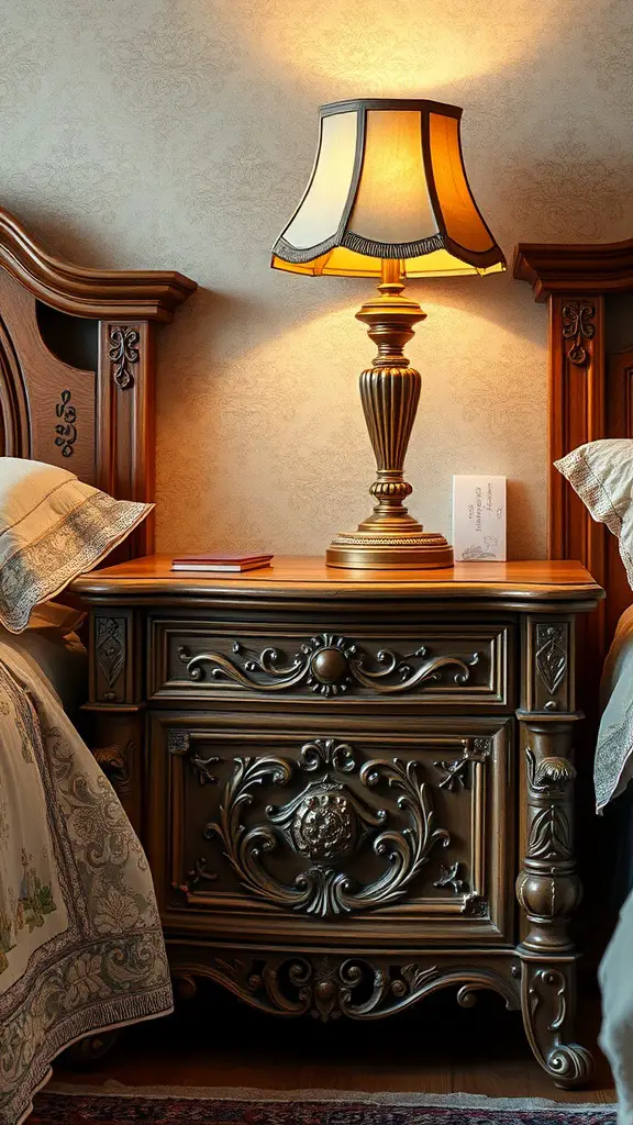 19 Creative Nightstand Ideas to Elevate Your Bedroom Decor 15 Traditional nightstand with antique finish and decorative lamp