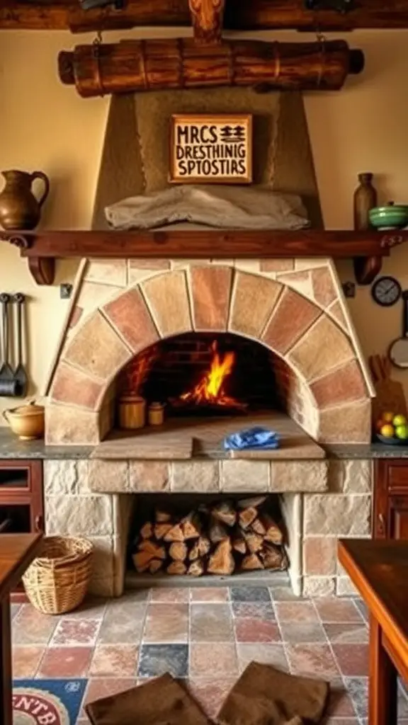 A traditional wood-fired oven in a Tuscan kitchen, made of stone with a warm fire burning inside.