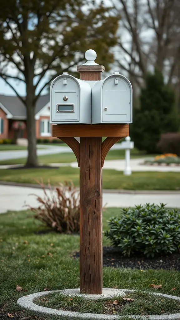 Traditional wooden post with double mailbox in a landscaped front yard.