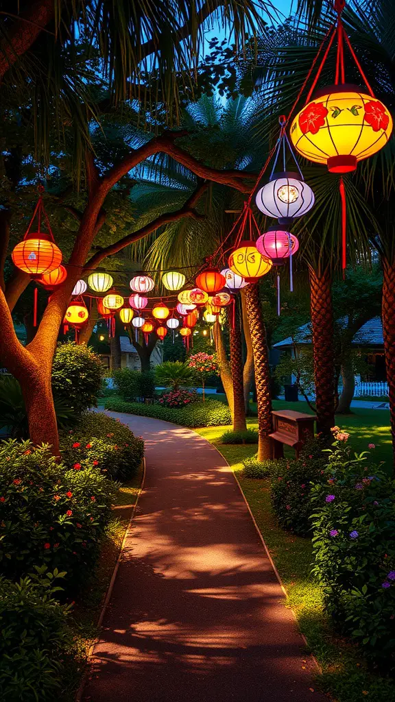 Pathway illuminated with colorful lanterns hanging from trees, surrounded by greenery and flowers