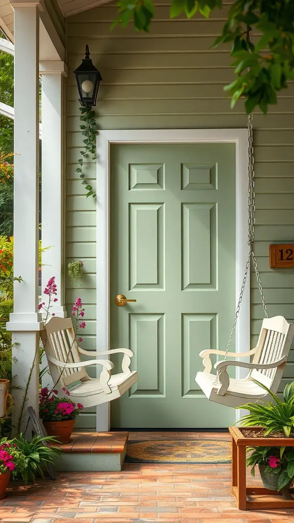 A tranquil sage green door with a classic design, surrounded by plants and two white swing chairs on a porch.