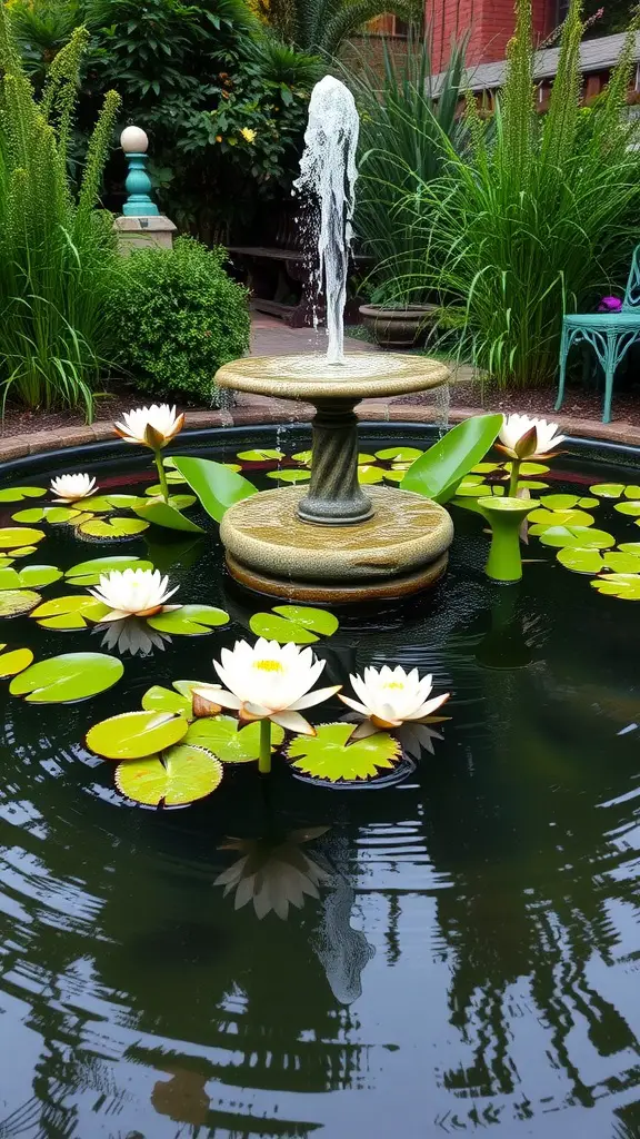 21 Stunning Ideas to Create Your Backyard Oasis 8 A peaceful fountain surrounded by green foliage and blooming water lilies in a backyard.