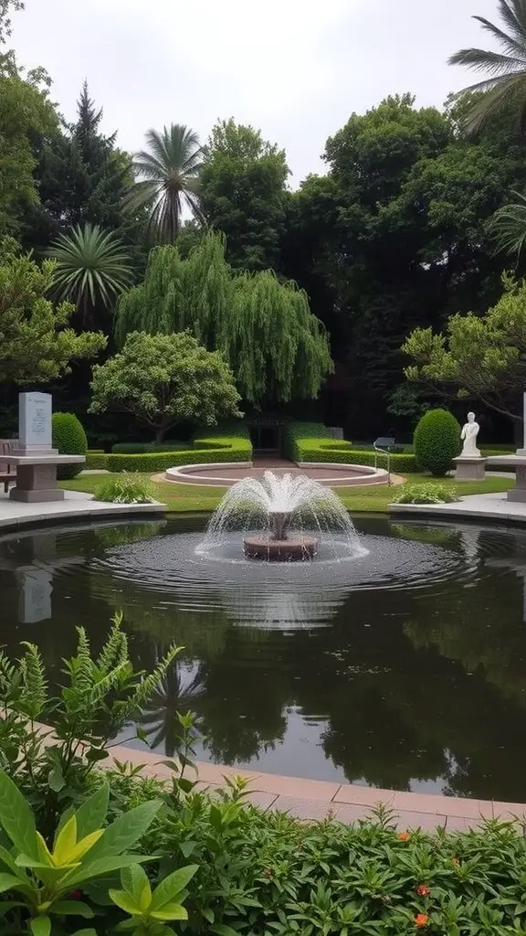 A tranquil memorial garden with a central fountain surrounded by lush greenery and trees.