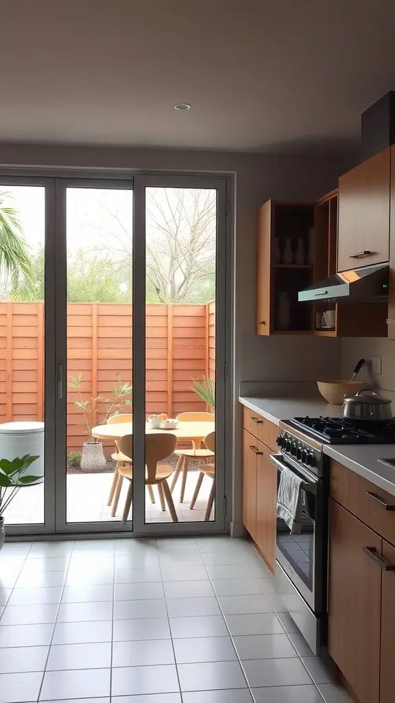 A modern kitchen with sliding doors leading to a small outdoor dining area.