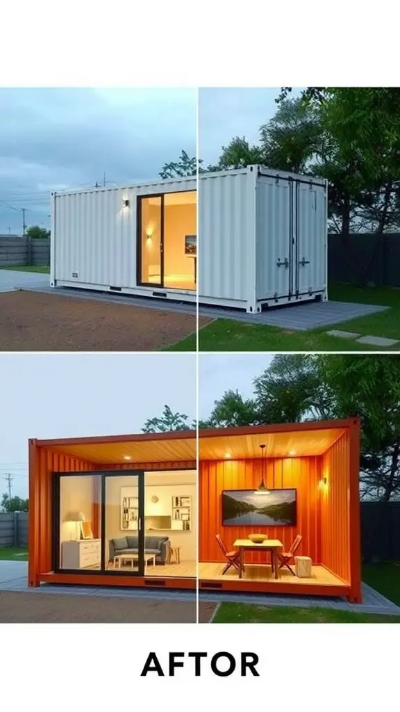 23 Innovative Storage Container Homes You Need to See 9 Before and after transformation of a storage container into a stylish home.