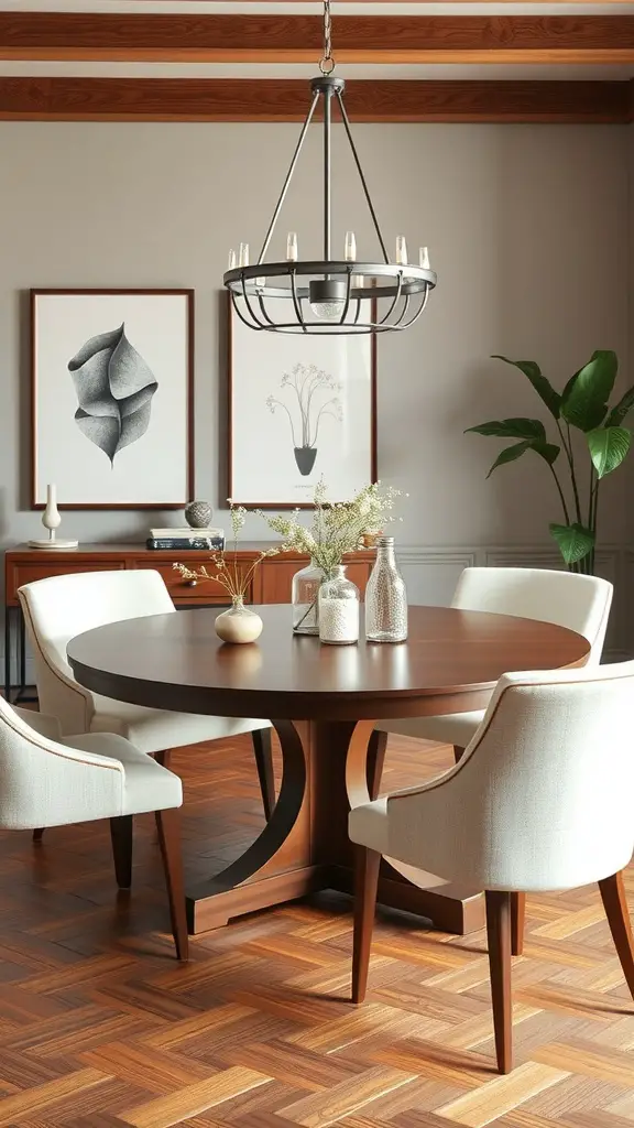 23 Creative Round Dining Table Ideas for Your Home 16 Transitional dining room with a round wooden table, modern chairs, and an industrial chandelier.