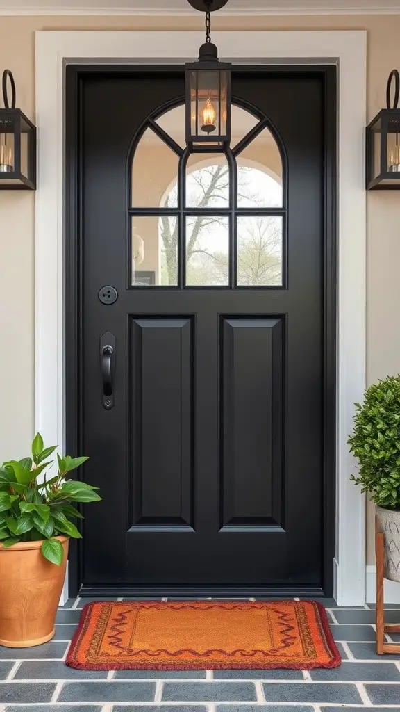19 Stunning Black Front Door Ideas to Elevate Your Curb Appeal 10 Black front door with arched window design, surrounded by lanterns and potted plants.