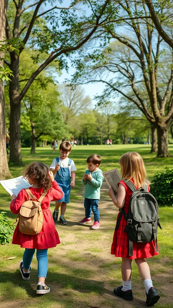 19 Fun Outdoor Birthday Party Ideas for Kids 5 Four children participating in a treasure hunt in a sunny park, holding maps and exploring the surroundings.