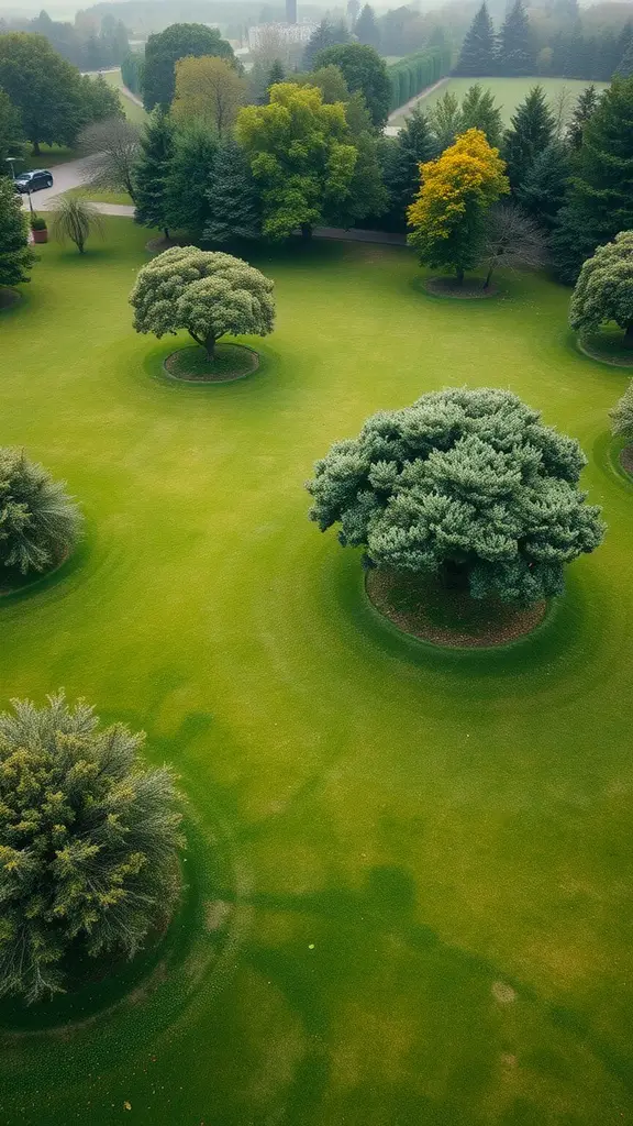 An aerial view of a lawn with tree islands, showing multiple trees surrounded by well-maintained grass.