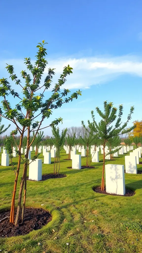 A peaceful memorial garden with young trees and white markers in a serene landscape