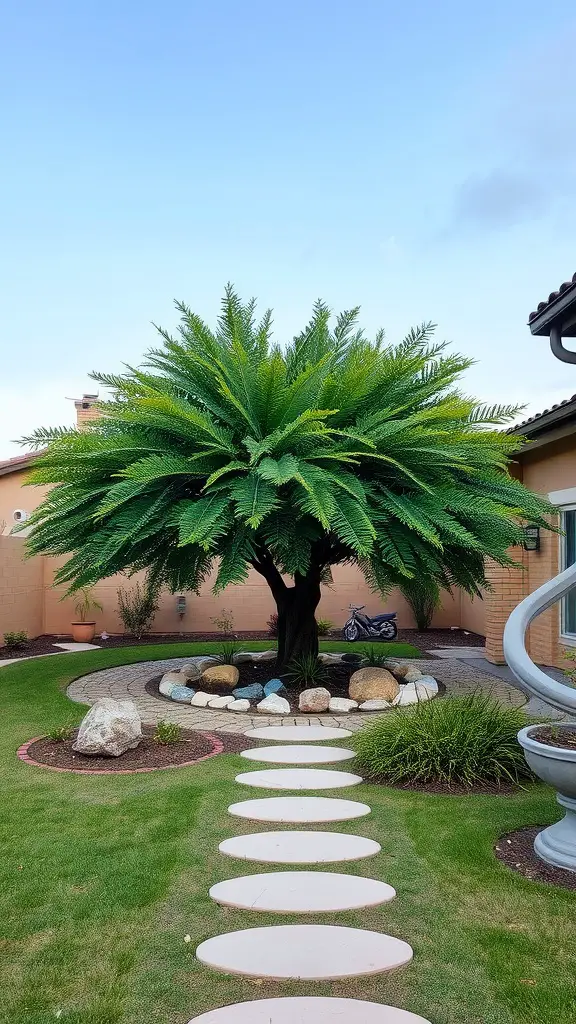 A large, lush tree standing as a focal point in a landscaped garden with stepping stones and decorative stones.