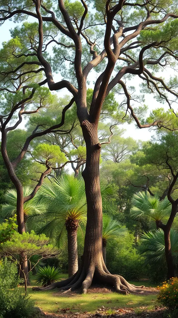 A large tree with sprawling branches surrounded by lush greenery.