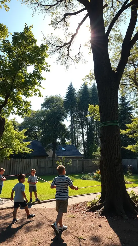 13 Creative Yard Ideas for Kids to Explore and Enjoy 15 Kids playing around a tree while preparing to use a slackline