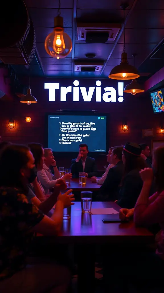 19 Fun Games for Adults to Enjoy at Your Next Gathering 9 A group of people at a trivia night in a cozy bar setting with a large 'Trivia!' sign.