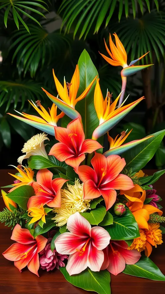 19 Stunning Wedding Floral Centerpieces to Inspire Your Big Day 8 A vibrant tropical floral centerpiece featuring bird of paradise and hibiscus in a mix of bright colors.