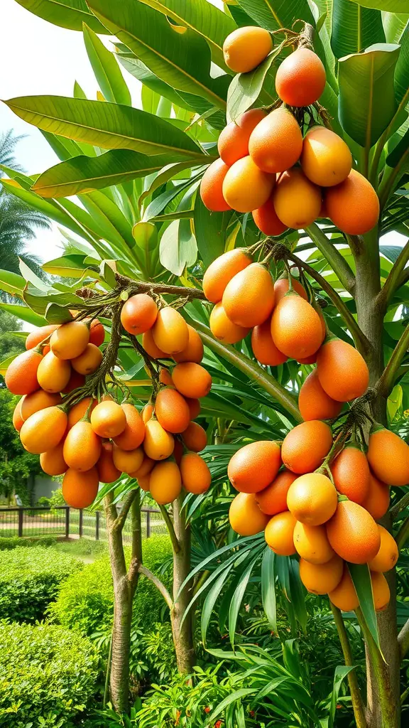 21 Stunning Tropical Garden Plants You Need to Grow 17 A tropical fruit tree with ripe orange fruits hanging from its branches.