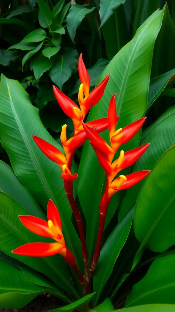 19 Colorful Plant Ideas to Brighten Your Space 2 A vibrant display of red and yellow Tropical Heliconia flowers against green leaves.