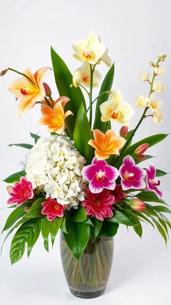 A vibrant tropical arrangement featuring hydrangeas and orchids in a glass vase.